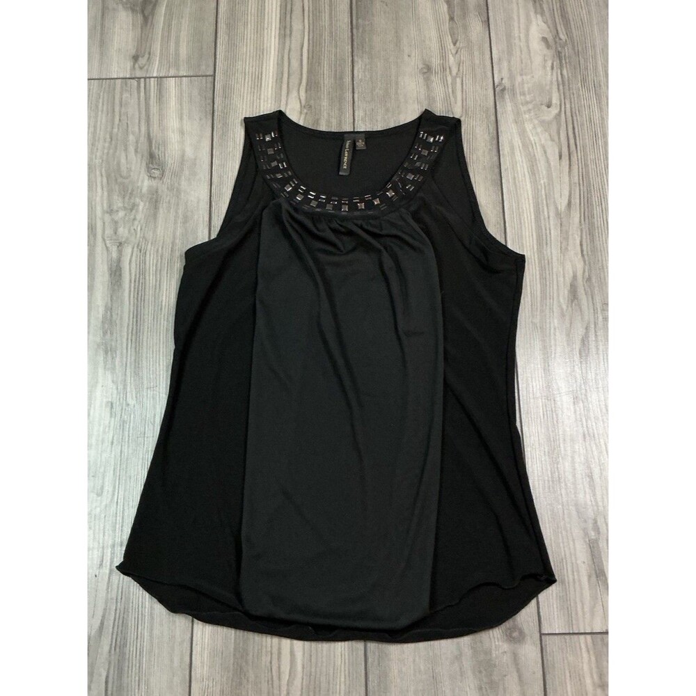Marc Lawrence Black Studded Neck Tank Top Embellished Overlay Cami Sleeveless